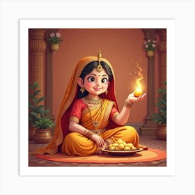 Indian Girl With Lamp Art Print