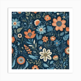 Folk Flowers Blue Art Print 2 Art Print