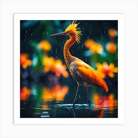 Orange Crested Wading Bird with Exotic Flowers of the Jungle Art Print