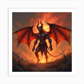 Demon In A Fiery, Watercolor Wasteland 1 Art Print