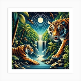 Geometric Art Tigers at the waterfall 3 Art Print