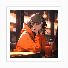 Anime Girl Sitting At A Bar Art Print