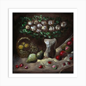 White Roses And Fruits - still life classical figurative old masters Anton Maliar square kitchen art Art Print