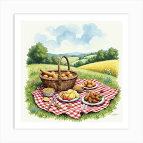 An English Countryside Picnic With Traditional Fare, Watercolor Style 1 Art Print