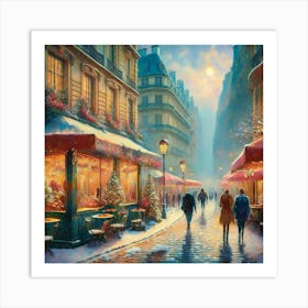 Paris cafes, winter season, Christmas, pale colors, pedestrians in the street, winter clothes, falling snow.5 2 Art Print