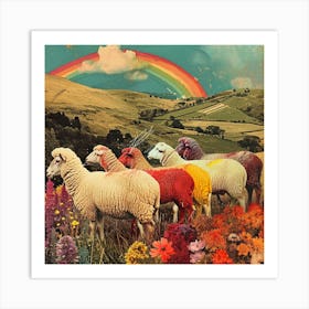 Rainbow Sheep Collage In The Field Art Print