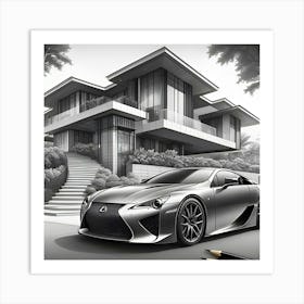 A Pencil Drawing Of A Lexus LFA In Front Of A Beautiful Modern Mansion 2 Art Print