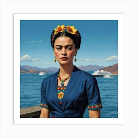 Frida Kahlo Over The Sea Landscape Art Print