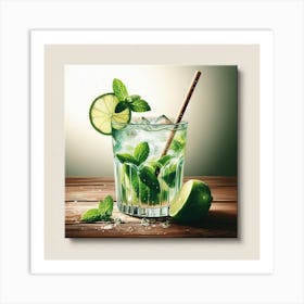 Green and White - Realistic Painting of a Cocktail with Lime and Mint Art Print