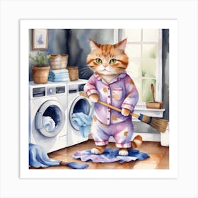 Cute Cat In Pajamas busy with Laundry Art Print