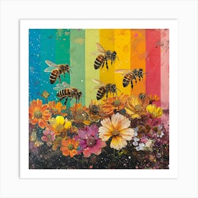 Rainbow Floral Bee Collage 1 Art Print
