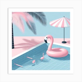 Poolcore: A Relaxing and Cozy Illustration of a Pool with a Palm Tree and a Pink Flamingo Float Art Print