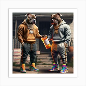 Two Dogs Holding A Bottle Art Print