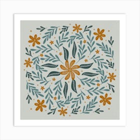 Circular Flowers and Branches - teal and beige Art Print