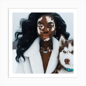 Portrait Of A Black Woman And Husky Art Print