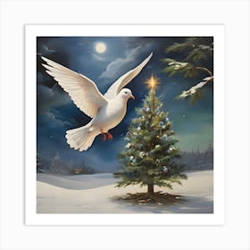 Dove Flying Over Christmas Tree Art Print