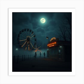 Abandoned Carnival At Night With Ghostly Lights Art Print