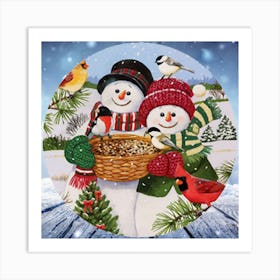 Snowman And Birds Art Print