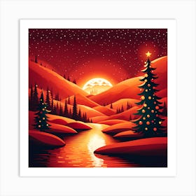 Christmas red Winter Landscape In The Mountains, Christmas days, Christmas concept art, Christmas vector art, Vector Art, Christmas art, Christmas, Christmas trees 4 Art Print