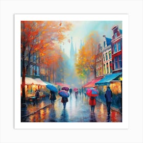 Amsterdam cafes, autumn season, rain, autumn oil colours.Faded colours,People passing on the street, winter clothes, rain umbrellas.12 Art Print