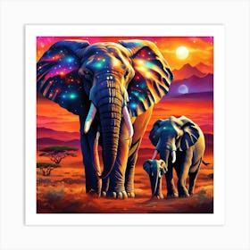 Elephants in the African savanna Art Print