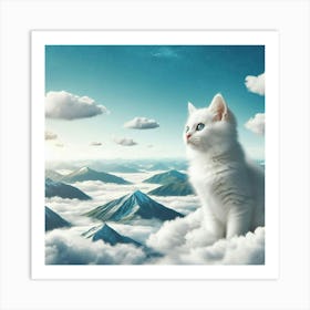 White Cat On Clouds Art Print