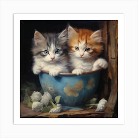 Two Kittens In A Blue Bowl Art Print