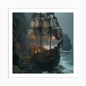 Pirate Ship In The Fog Art Print