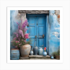 Blue wall. An old-style door in the middle, silver in color. There is a large pottery jar next to the door. There are flowers in the jar Spring oil colors. Wall painting.11 Art Print