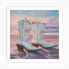 Cowboy Boots On The Beach Art Print