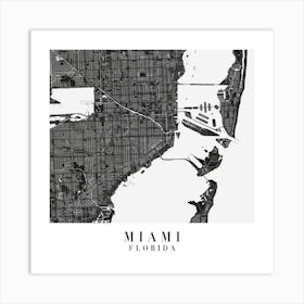 Miami Florida Minimal Black Mono Street Map  Square Art Print