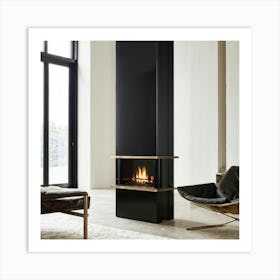 A Minimalist And Geometrically Bold Fireplace Design Narrow In Structure Featuring Polished Black Art Print