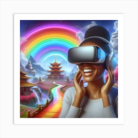 A Happy Woman Wearing A Vr Headset In A Shangri La With A Rainbow, Digital Art 3 Art Print