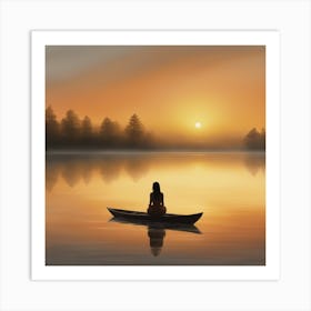 Woman In Canoe At Sunset Art Print