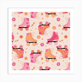 Derby Girl Retro Pink and Orange Rollerskates Art Print