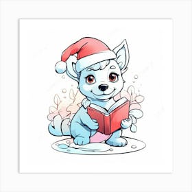 Santa Dog Reading A Book Art Print