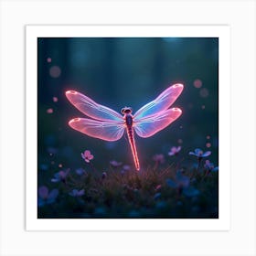 A Radiant Dragonfly With Wings Of Pulsating, Neon Light Hovering Over A Dreamlike Meadow 1 Art Print