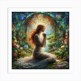 Woman Praying In The Forest Art Print