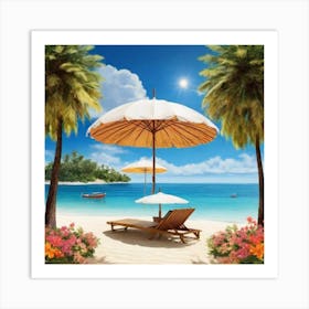 Beach Scene With Umbrella Art Print