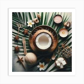 Coconut on a palm leaf Art Print