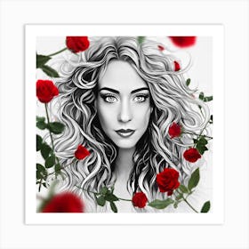 Portrait Of A Woman With Roses 2 Art Print