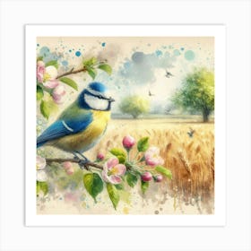 Nature's Harmony: Blue Tit and Apple Blossoms in Watercolor Splendor. Art Print
