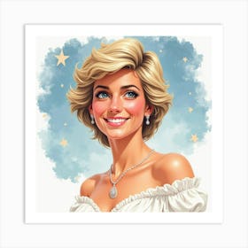 Princess Diana Smiling In A Background Of Soft Watercolor Clouds And Stars 1 Art Print