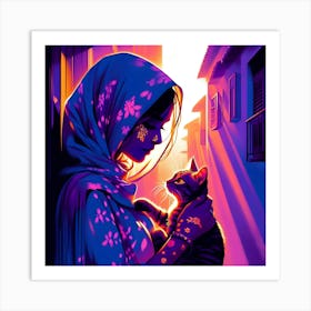 Islamic Woman With Cat Art Print