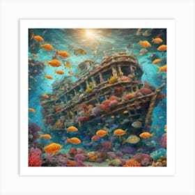 Sunken Ship In A Vibrant Coral Reef Art Print