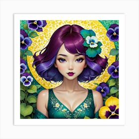 Girl With Purple Hair And Pansies Art Print