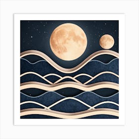 Moon And Waves 50 Art Print