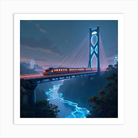 Sleek Train Crossing A Futuristic Suspension Bridge Over A Neon Lit River 1 Art Print