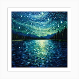 Starry Night Over Lake 1 Art Print