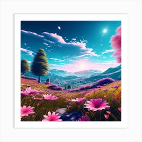 Pink Flowers, Tropical Landscape With Palm Trees, blue sky, wall art, trees, flowers, and sun. good look, Poster